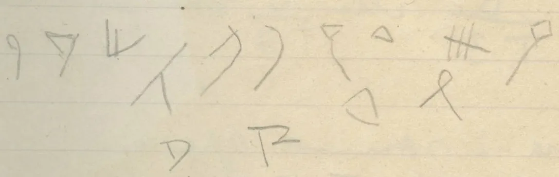 Fourteen incised or painted signs/characters arranged in three rows