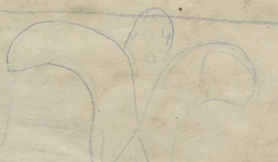 Faint blue pencil drawing of horizontal lines and curved leaf-like or capital forms