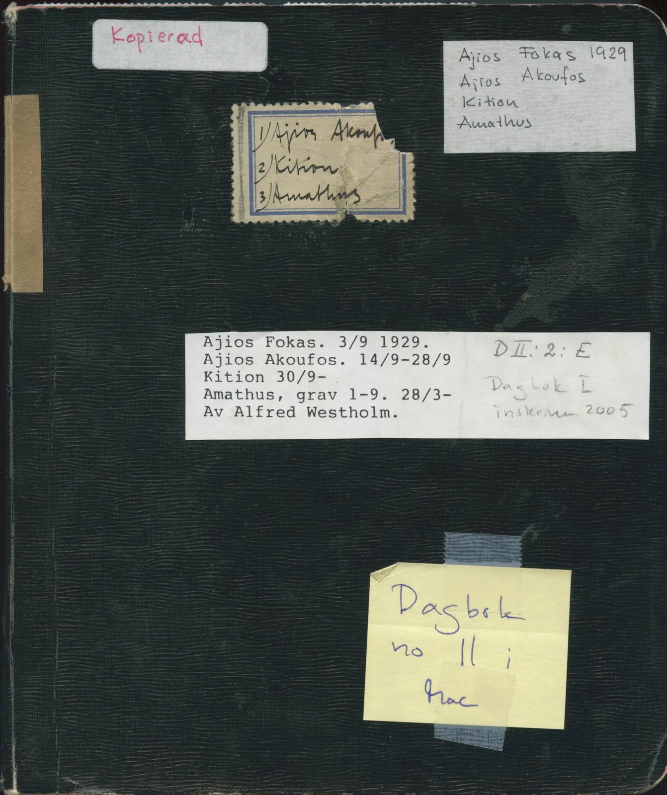 Scan 1 of field diary DII:2e (Ayios Phokas, Ayios Iakovos, Kition and Amathus), handwritten in Swedish. The transcription and translation follow.