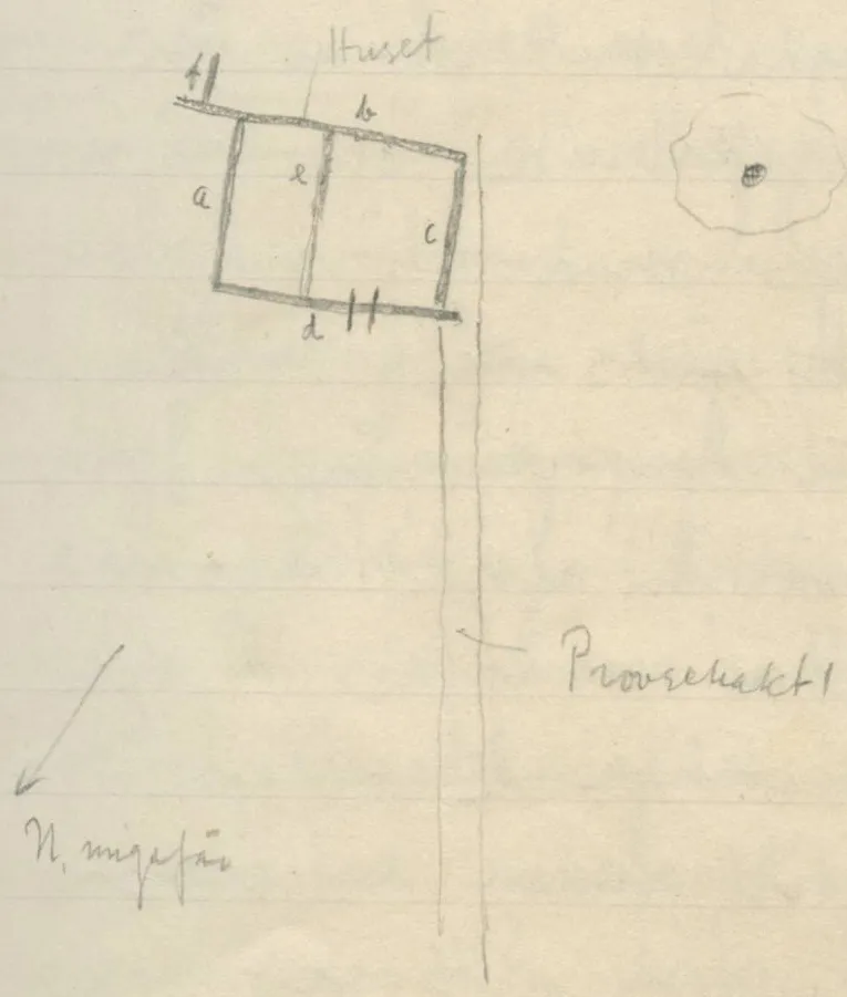 Plan of a rectangular structure divided into two parts, with a long narrow trench extending downwards from its right side, a circular shape with a dot in the centre to the right, and a direction arrow at bottom left