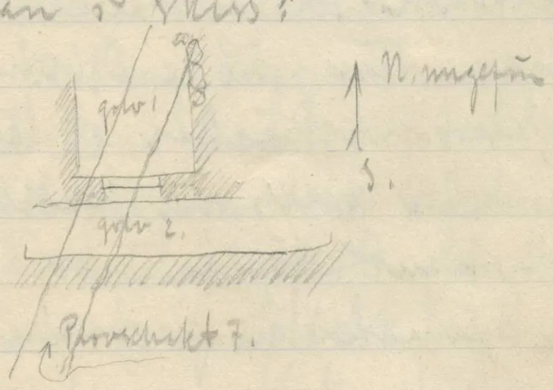 Plan of two stepped floor levels with hatched walls/edges, a north arrow, and diagonal lines running across the plan