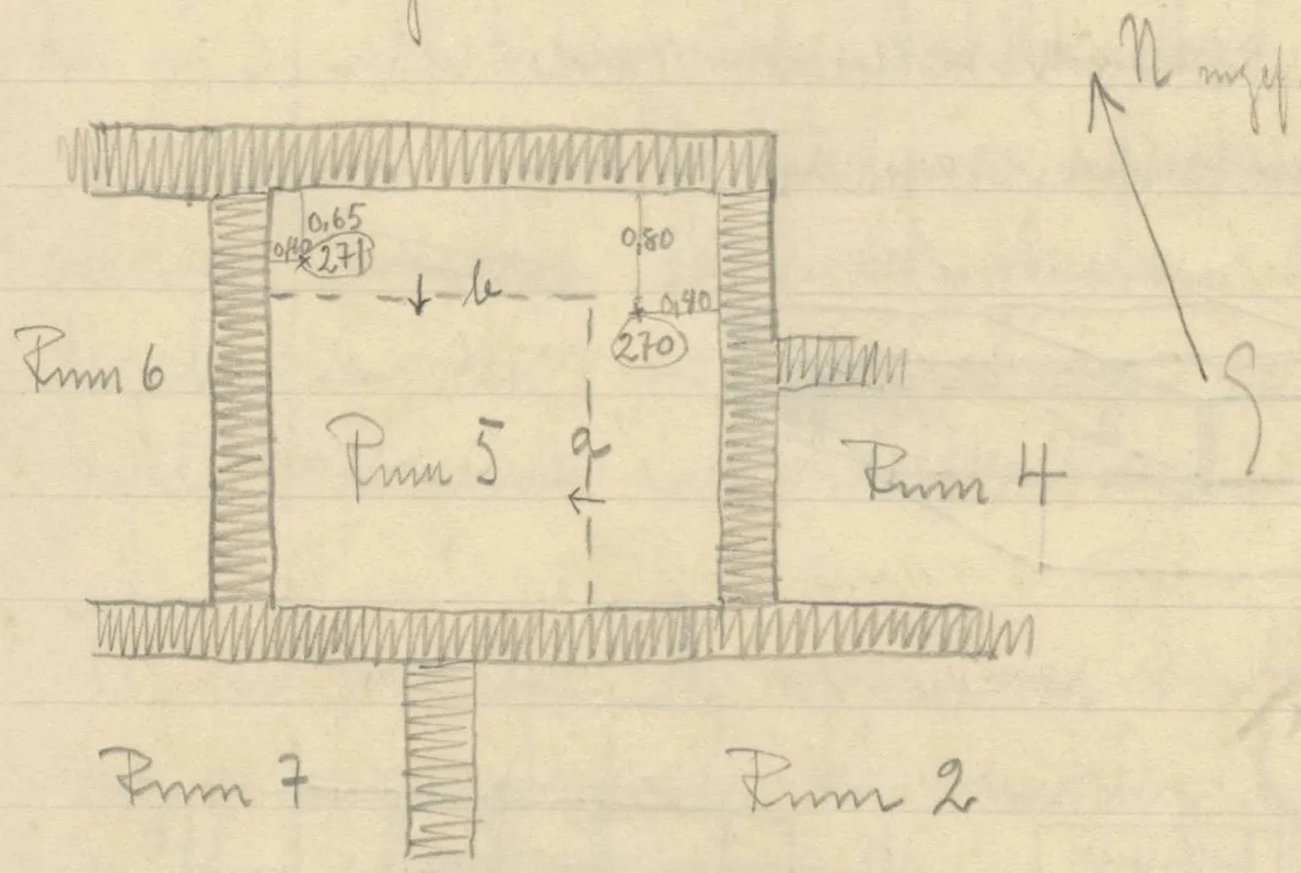 Plan of Room 5 with surrounding walls and adjacent rooms, dashed lines and north arrow