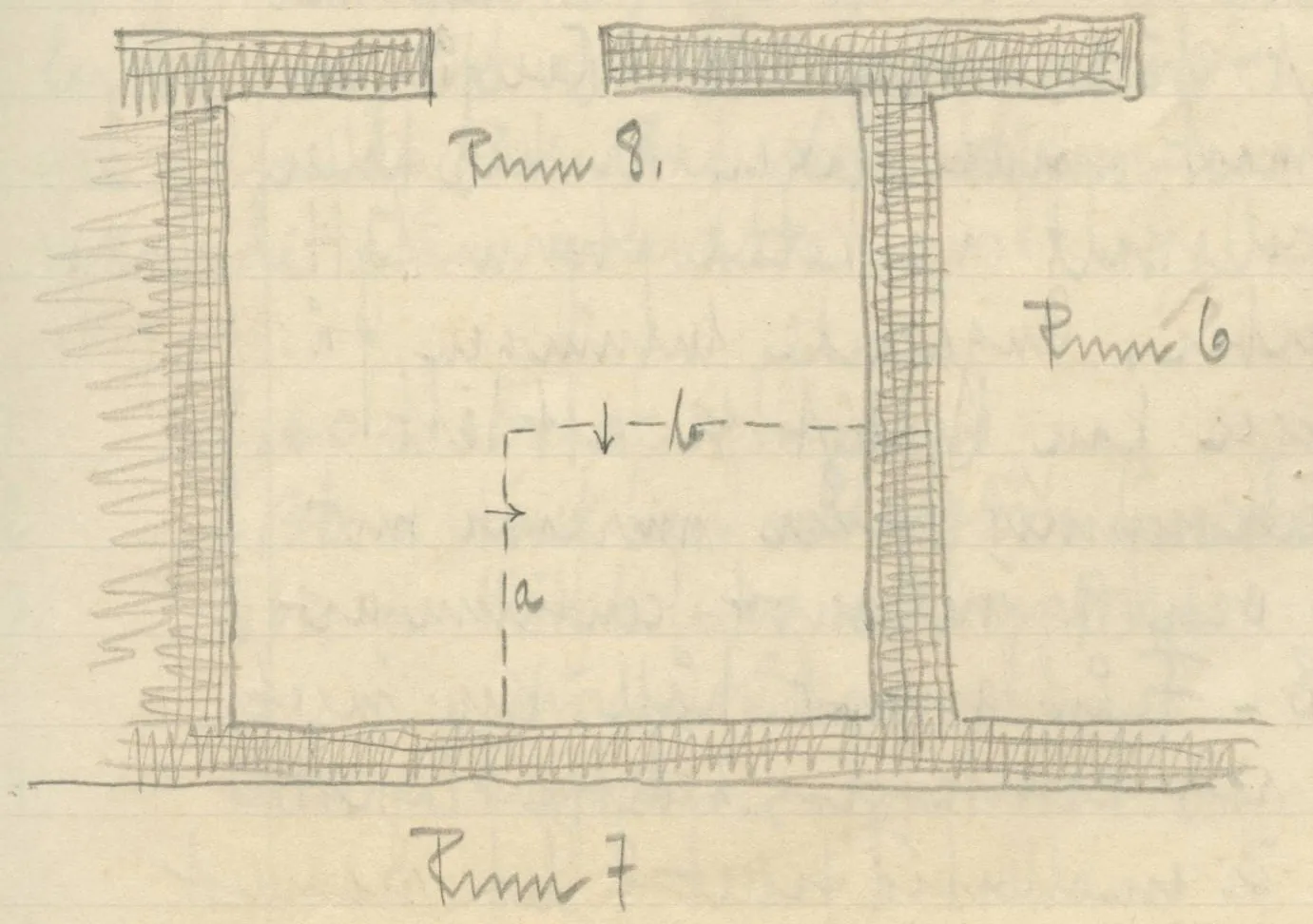 Plan of a rectangular room with hatched walls, an opening in the upper wall, and a dashed right-angle line with arrows inside