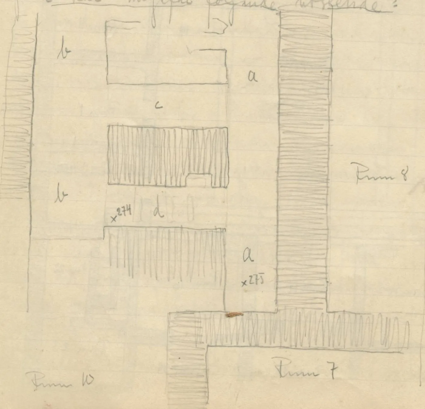 Plan of walls, hatched masonry blocks and passages
