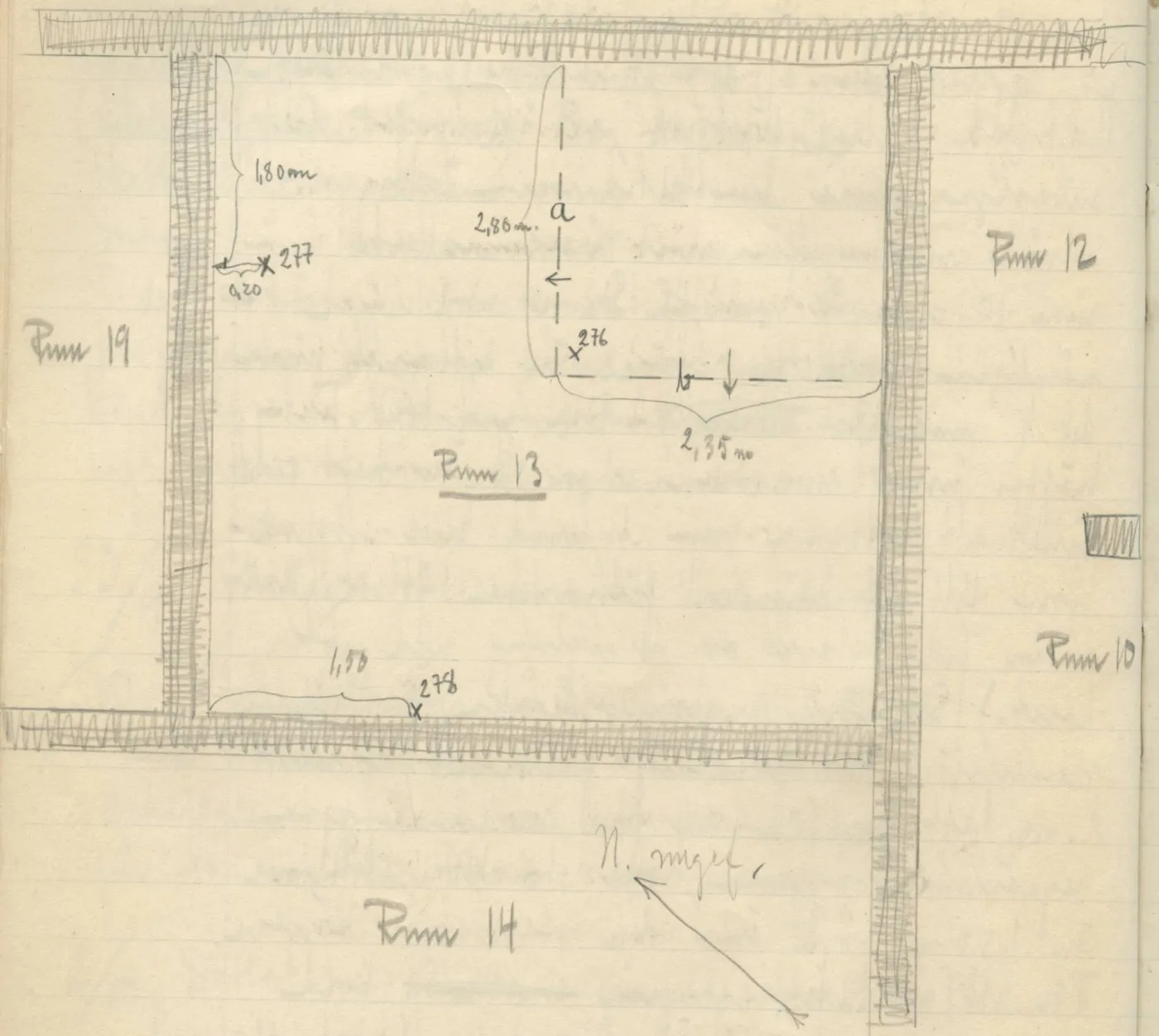 Plan of rectangular rooms with hatched walls, find spots marked with ×, brackets with measurements, dashed lines with arrows, and a north arrow