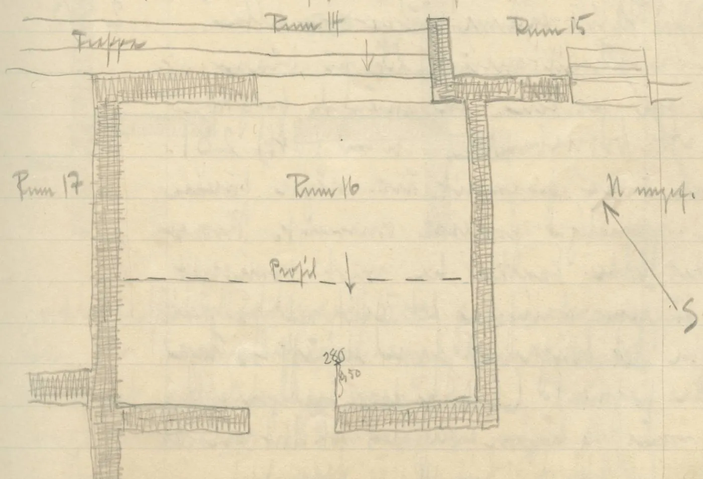 Architectural plan of Room 16 and surrounding rooms with hatched walls, steps, a dashed profile line and a north arrow