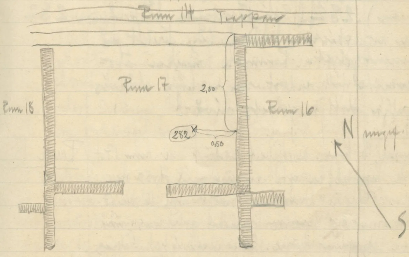 Plan of Room 17 with hatched walls, doorway, adjacent rooms, staircase, find spot, and north-south arrow