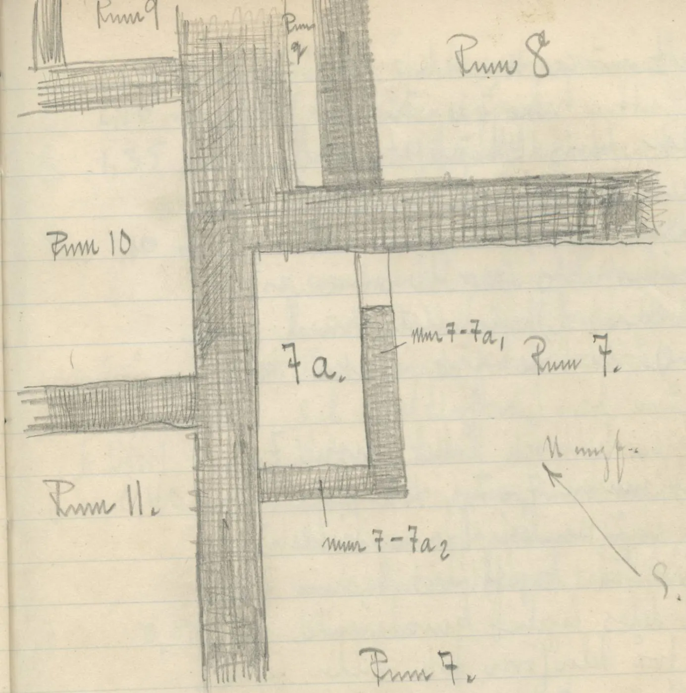 Plan of intersecting hatched walls forming rooms, with a north arrow