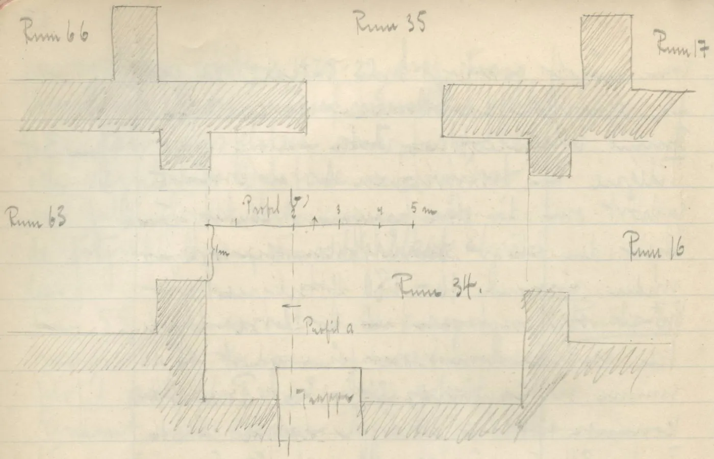 Plan of rooms with hatched walls and two profile lines