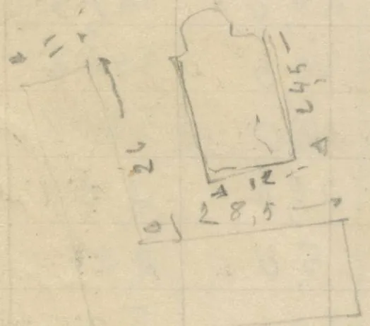 Plan of a rectangular structure with a rounded niche at one end, set within an L-shaped outline, with dimension arrows