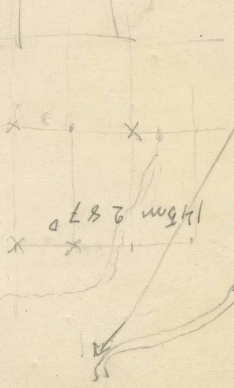 Polygonal plan and grid with measurements, labels written upside down: towards the hill = 57,0; 135; 37,0; 18; 12; 235; 20; 145 m 287°; 230°