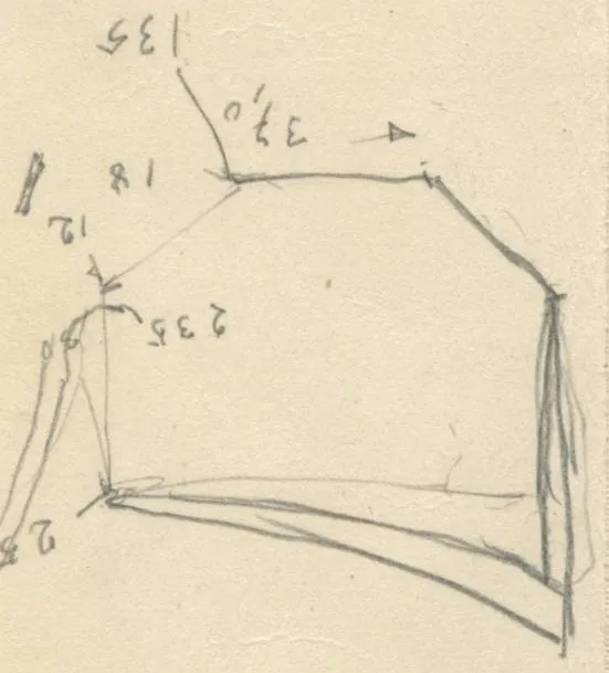Polygonal plan and grid with measurements, labels written upside down: towards the hill = 57,0; 135; 37,0; 18; 12; 235; 20; 145 m 287°; 230°