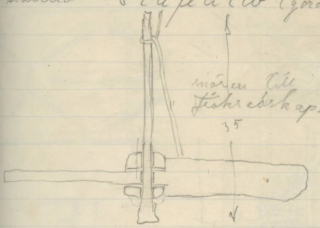 Wooden implement with a vertical shaft, cord, and horizontal cross-piece, with dimension arrows