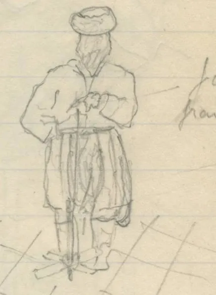 Standing figure wearing a cap and baggy trousers, holding a spindle on a gridded floor