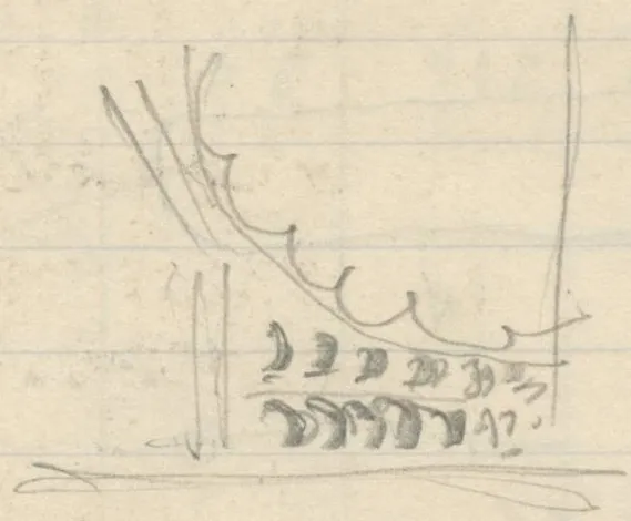 Three drawings of carved architectural decoration: at top, a corner with a fluted shell or fan motif and an adjacent triangular spandrel containing a rosette; in the middle, a detailed circular rosette; at bottom, a small detail of scalloped and moulded bands