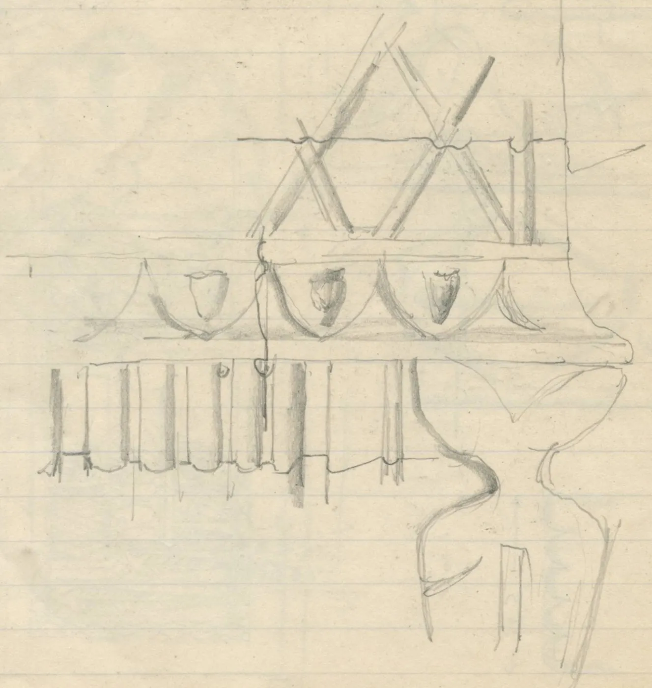 Pencil drawing of a decorative structure with crossed bars at the top, a horizontal band of festoons enclosing shield-like shapes in the middle, and vertical bars and a curved bracket below