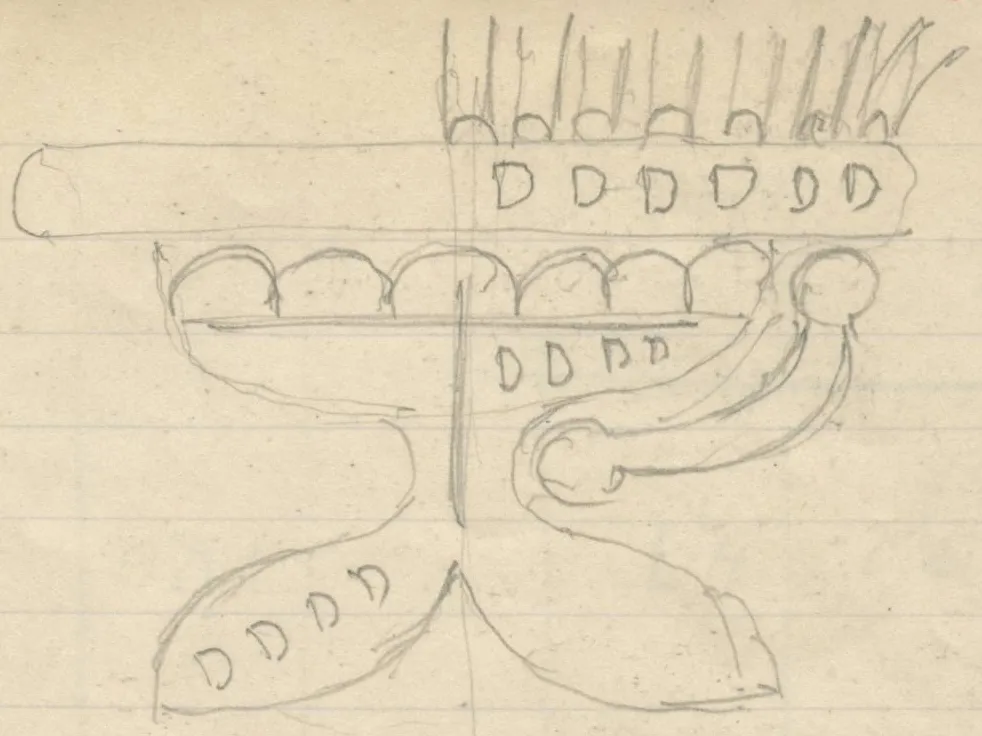 Pencil drawing of a symmetrical ornamental motif or capital with a horizontal upper bar, scalloped elements, a curved side arm, a flared base, and rows of D-shaped ornaments