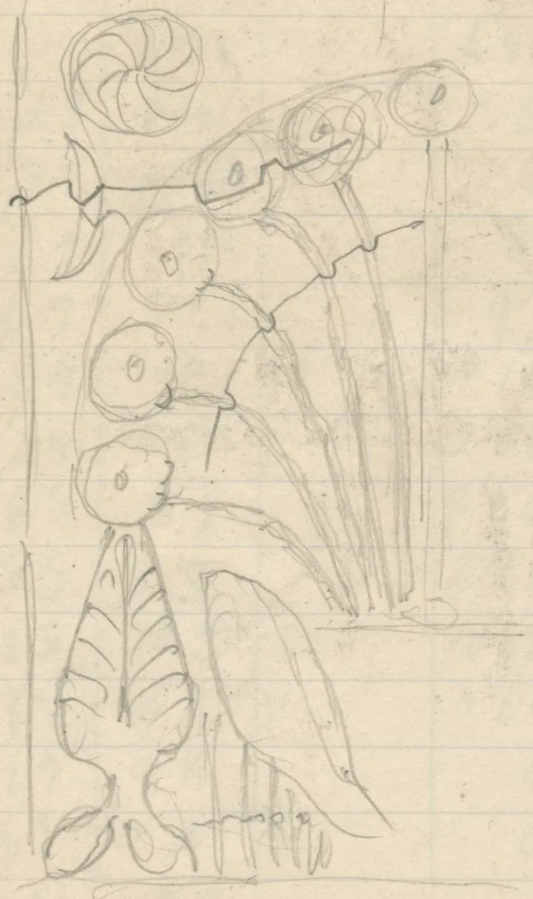 Pencil drawing of a curved decorative motif with six circular rosette-like elements on long stems radiating from a base, above a stylized floral or vegetal ornament
