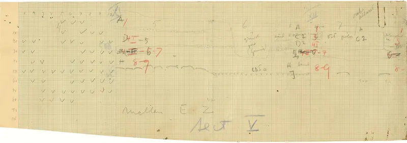 Field drawing of Section V, profile between E and Z, on squared paper, Ayia Irini.