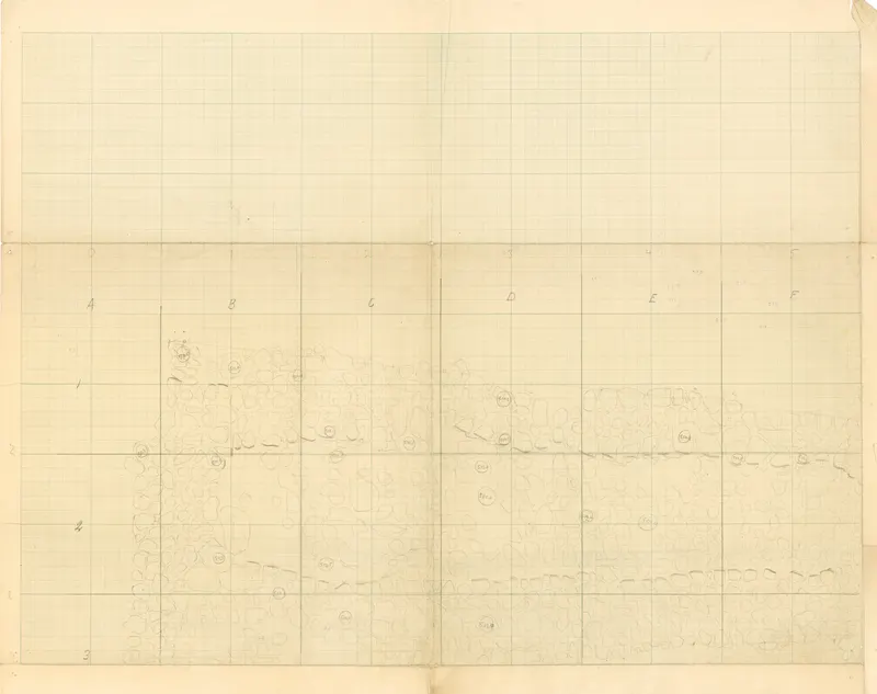 Field drawing of stone-built remains at Ayia Irini on squared grid paper, with lettered and numbered grid lines.