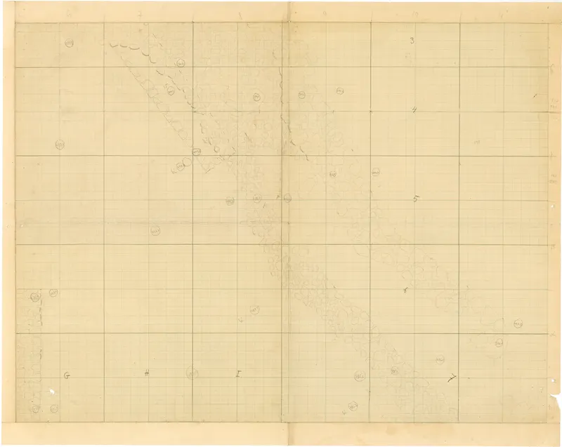 Field drawing of Ayia Irini: a pencilled grid plan with curving bands of outlined stones and circled find numbers.