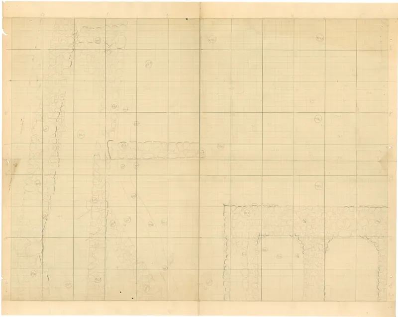 Field drawing of stone walls at Ayia Irini on squared graph paper, with circled find numbers