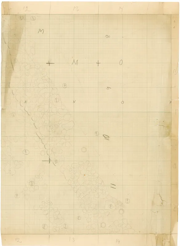 Field drawing of pencilled stone outlines on squared paper at Ayia Irini, with grid numbers and letters in the margins.