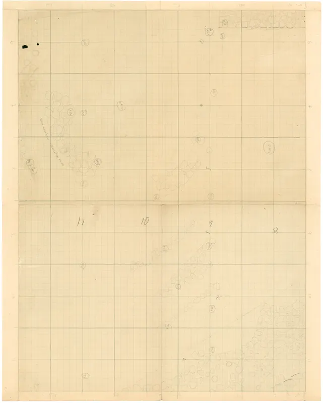 Field drawing of Ayia Irini on squared paper, showing outlined stones, lettered grid margins and circled labels.