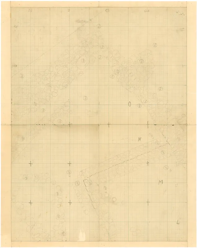 Field drawing of walls at Ayia Irini: pencil plan on squared grid paper with stones and circled find numbers.