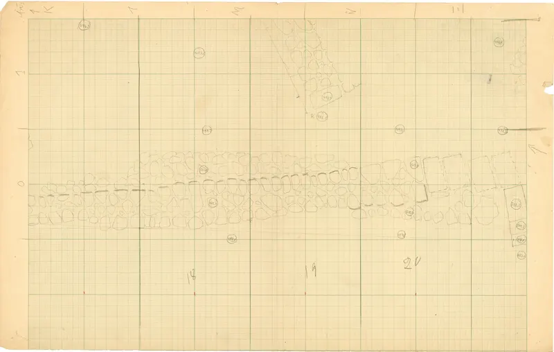 Field drawing of stone walls at Ayia Irini, in pencil on squared grid paper