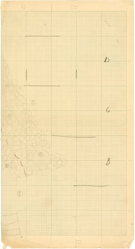 Field drawing of Ayia Irini in pencil on squared paper, showing wall lines, a cluster of drawn stones and lettered markers