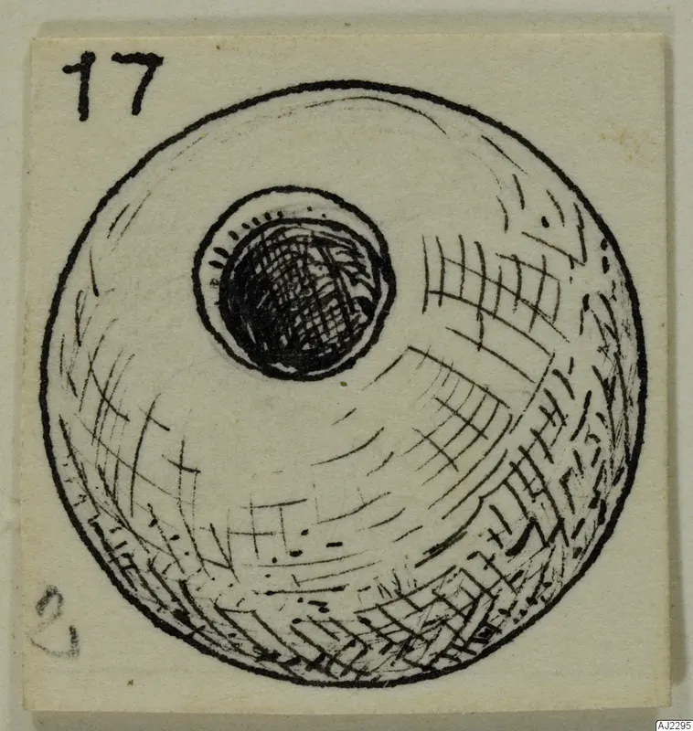 Ink drawing of a round stone object with a central hole, seen from above
