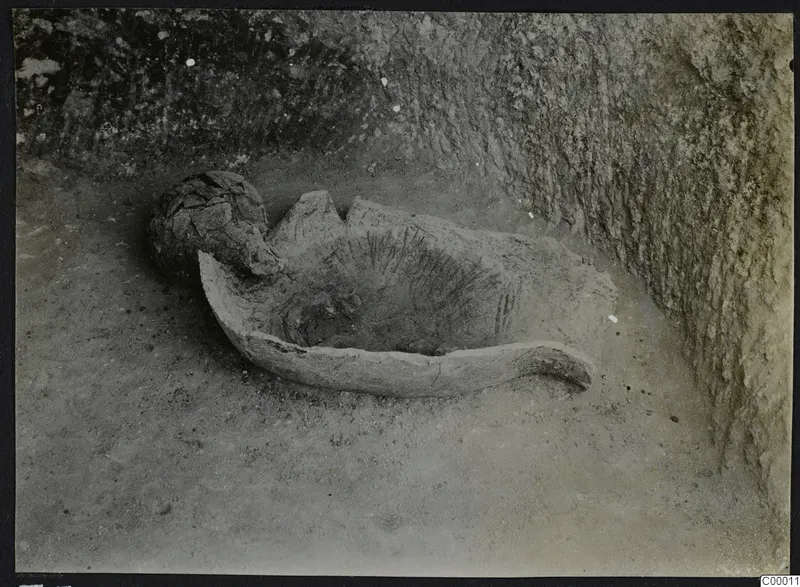 Tomb 305 at Lapithos: a broken vessel lying in a rock-cut tomb chamber during excavation.