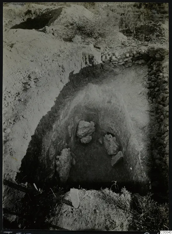 Tomb 313 at Lapithos, Vrysi tou Barba: excavated tomb chamber with rocks and grass during excavation
