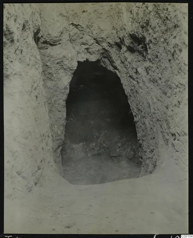 Tomb 409 at Lapithos: arched entrance opening into a dark tomb chamber cut into pale earth
