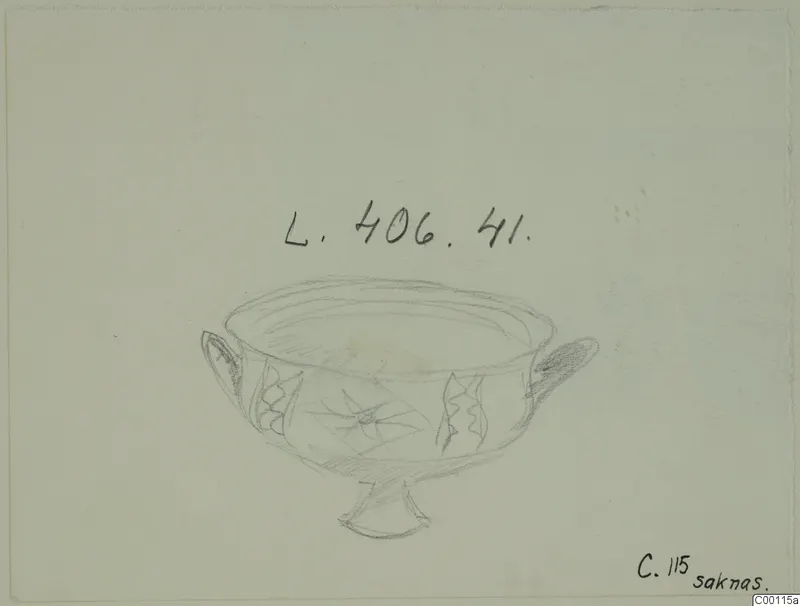 Pencil drawing of a White Painted I bowl (L.406.41) with two handles and painted zigzag decoration