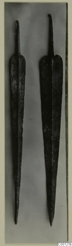 Two long metal blades with narrow tangs and pointed tips, lying side by side on a grey backdrop.