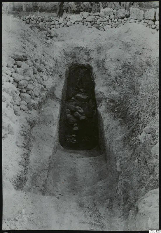 Tomb 409 at Lapithos during excavation: a sloping passage leads down to a dark tomb chamber filled with stones