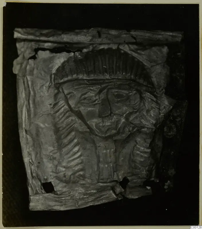Embossed metal sheet with a face and ridged headdress, from Lapithos Kastros tombs