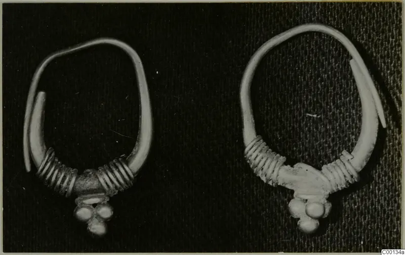 Two gold earrings with coiled wire on the lower part of the loop, from the Kastros tombs at Lapithos