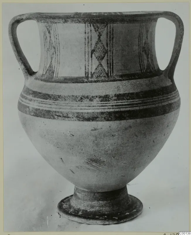 White Painted II two-handled jug with painted bands and a lozenge pattern on the neck, on a footed base.