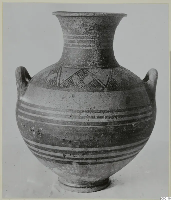 Pottery White Painted I amphora with two loop handles, horizontal bands and angular painted motifs on the shoulder