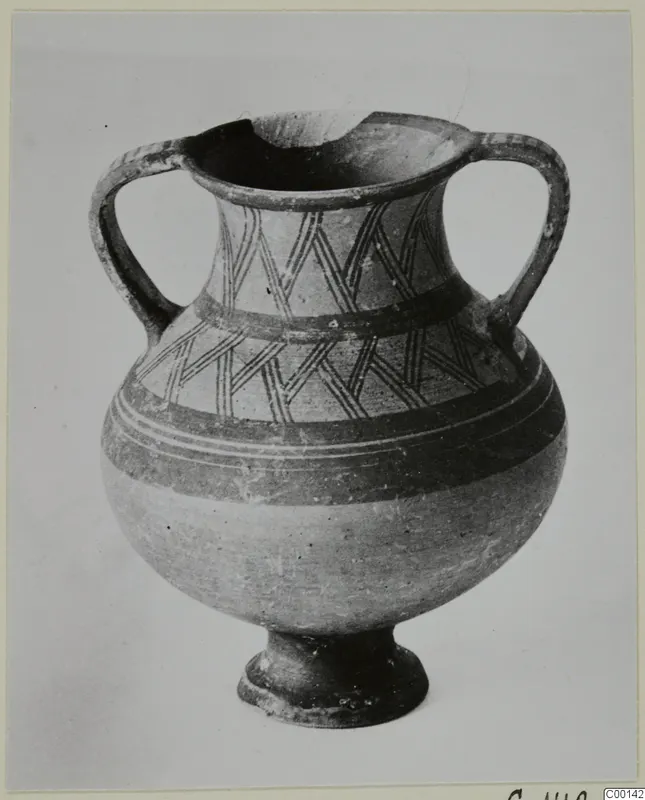 Two-handled White Painted I amphora from Lapithos, with lattice-painted neck and bands on a pale body