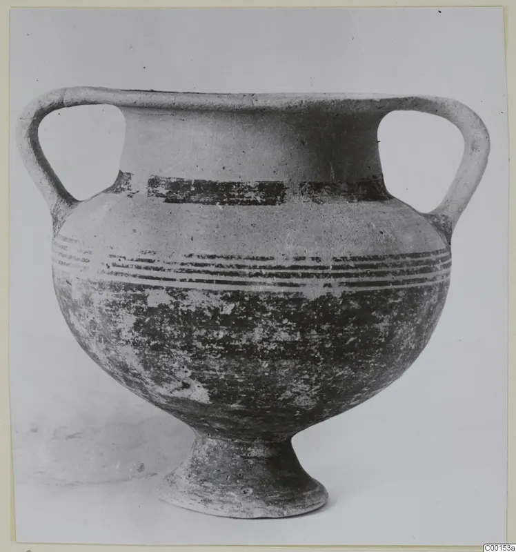 Two-handled White Painted I amphora with dark painted bands, seen from the side against a plain background