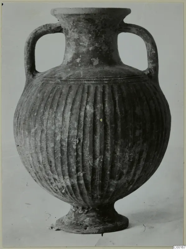 Two-handled amphora of Black Slip Ware with a ribbed body and ring foot