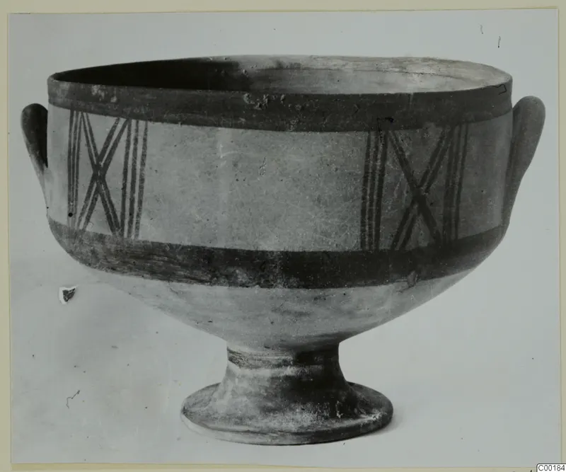 White Painted II footed bowl from Lapithos, Kastros tombs, with dark bands and crossed diagonal lines on the body