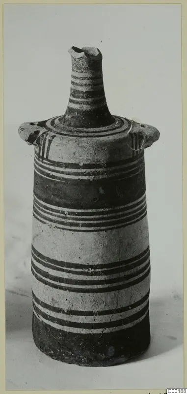 Pottery White Painted I amphora with a narrow flaring neck, two lug handles and dark painted horizontal bands
