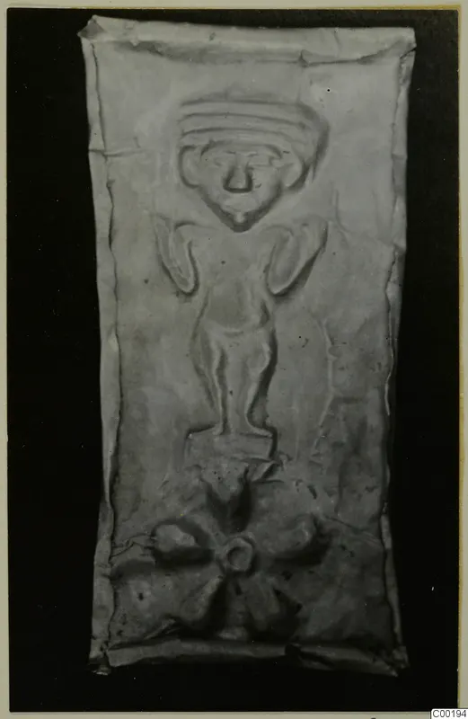 Embossed metal plaque showing a figure with bent arms, from Lapithos, Kastros tombs