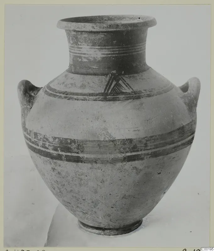 Two-handled pottery jar with painted bands, White Painted III-1, from the Kastros tombs at Lapithos
