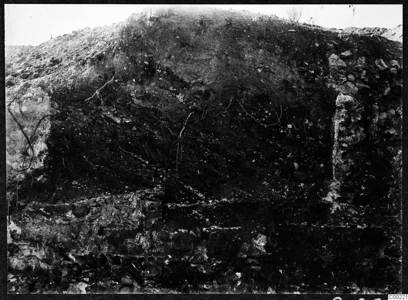 Excavated soil face with roots and stone courses at the theatre at Soli